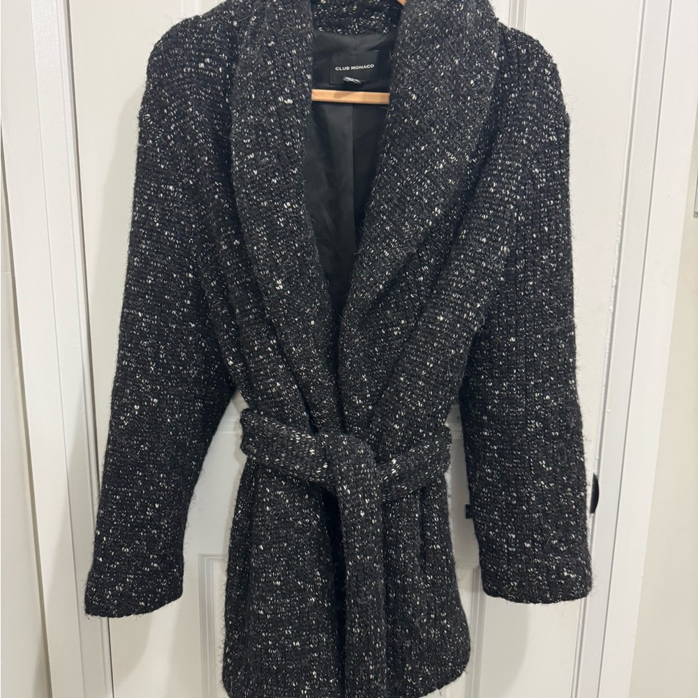 Club Monaco Black Tweed Belted Coat